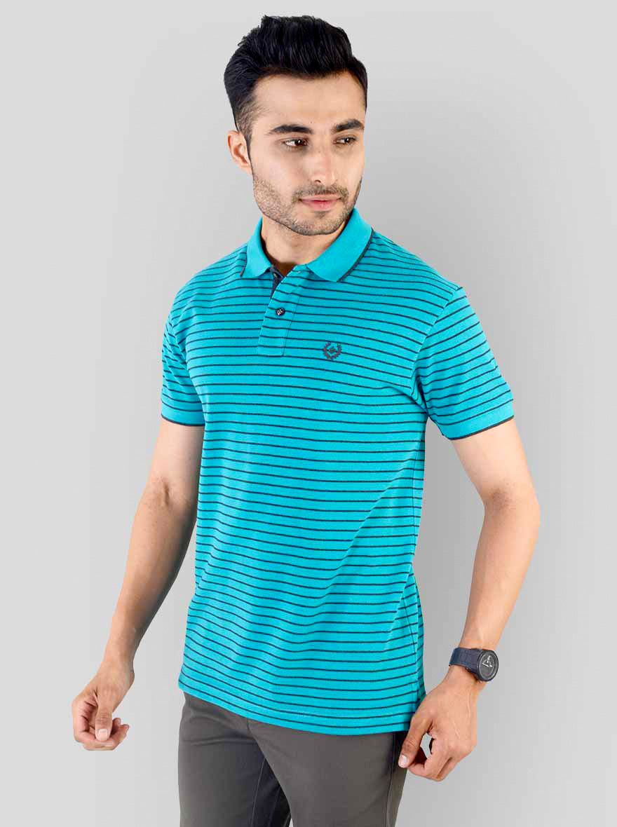 Fresh Blue & Grey Striped Slim Fit Polo T-shirt | Greenfibre