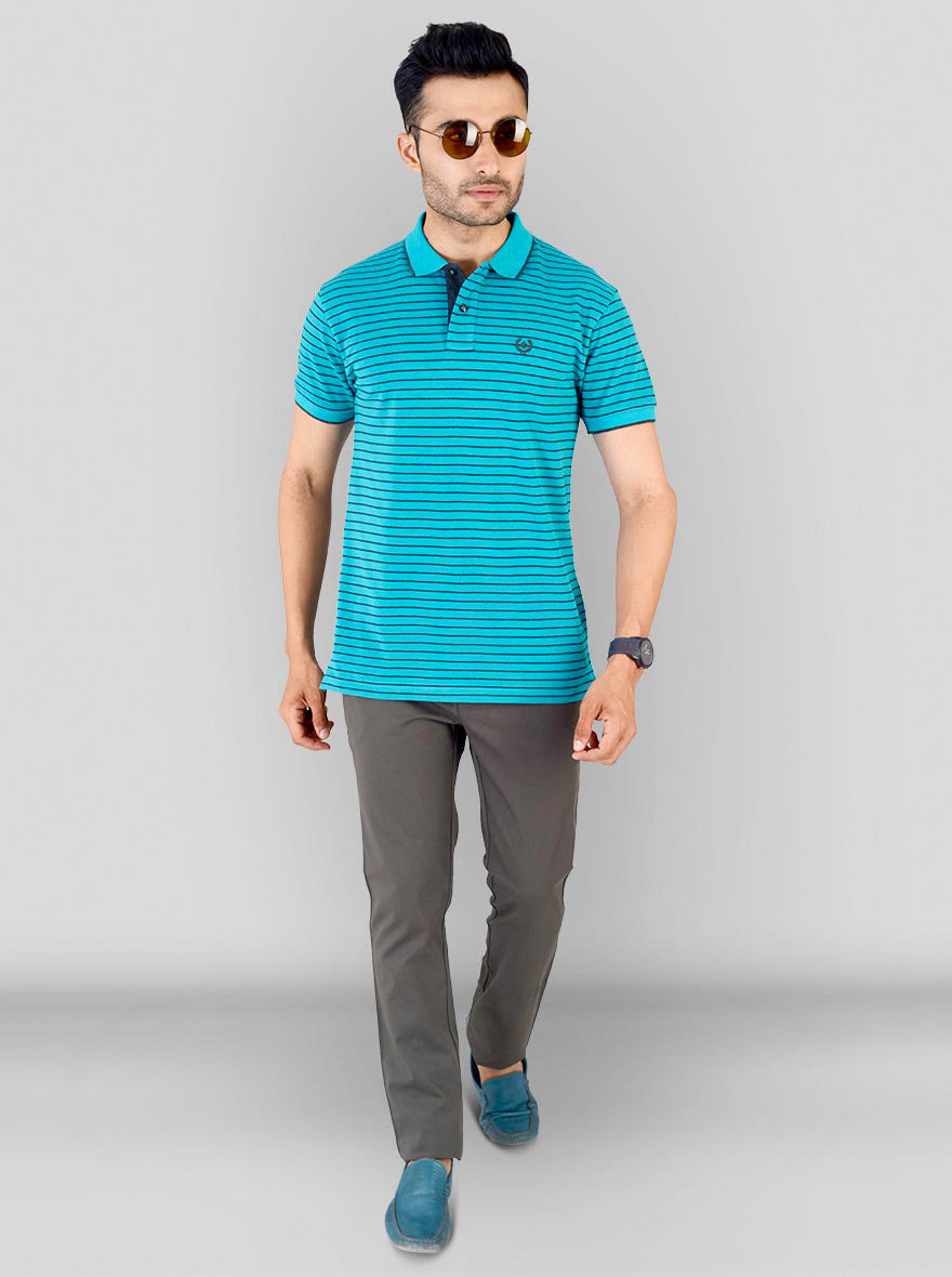 Fresh Blue & Grey Striped Slim Fit Polo T-shirt | Greenfibre