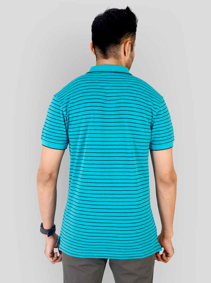 Fresh Blue & Grey Striped Slim Fit Polo T-shirt | Greenfibre