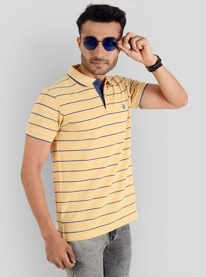 Golden Yellow & Navy Blue Striped Slim Fit Polo T-shirt | Greenfibre