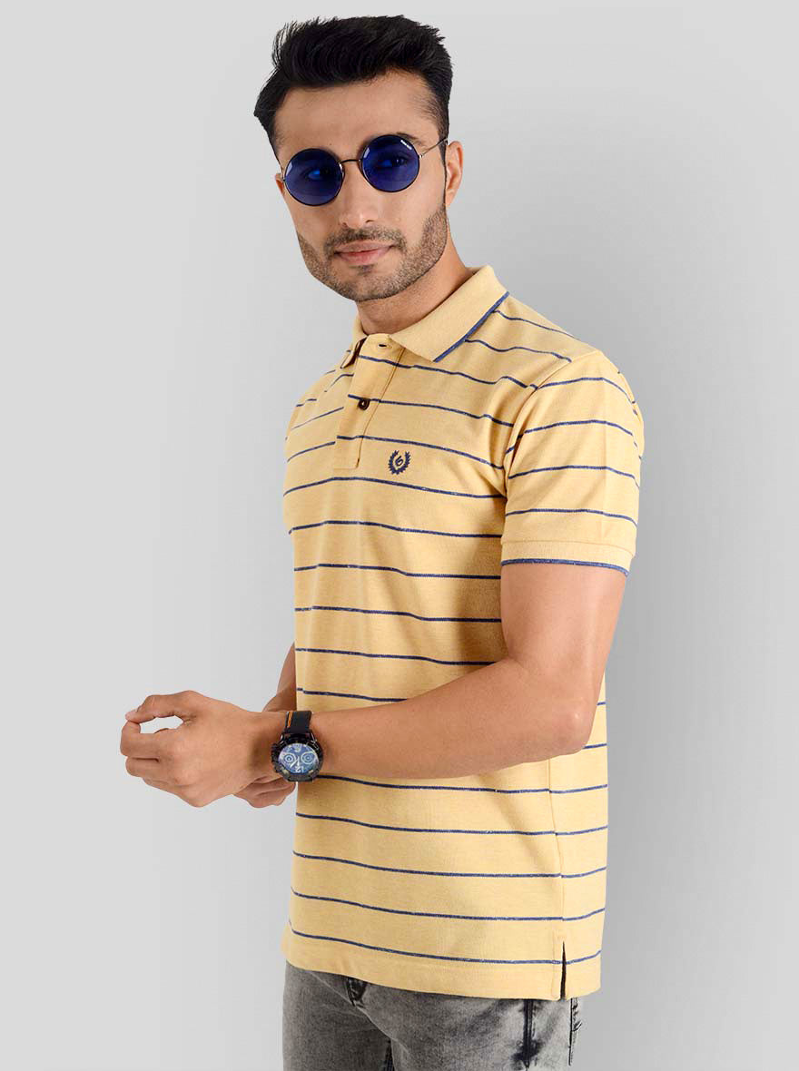 Golden Yellow & Navy Blue Striped Slim Fit Polo T-shirt | Greenfibre