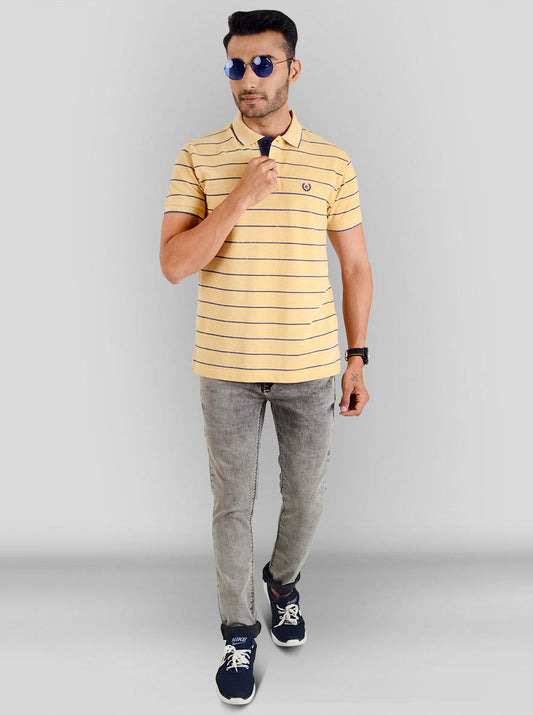 Golden Yellow & Navy Blue Striped Slim Fit Polo T-shirt | Greenfibre