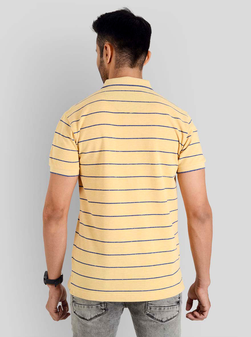 Golden Yellow & Navy Blue Striped Slim Fit Polo T-shirt | Greenfibre