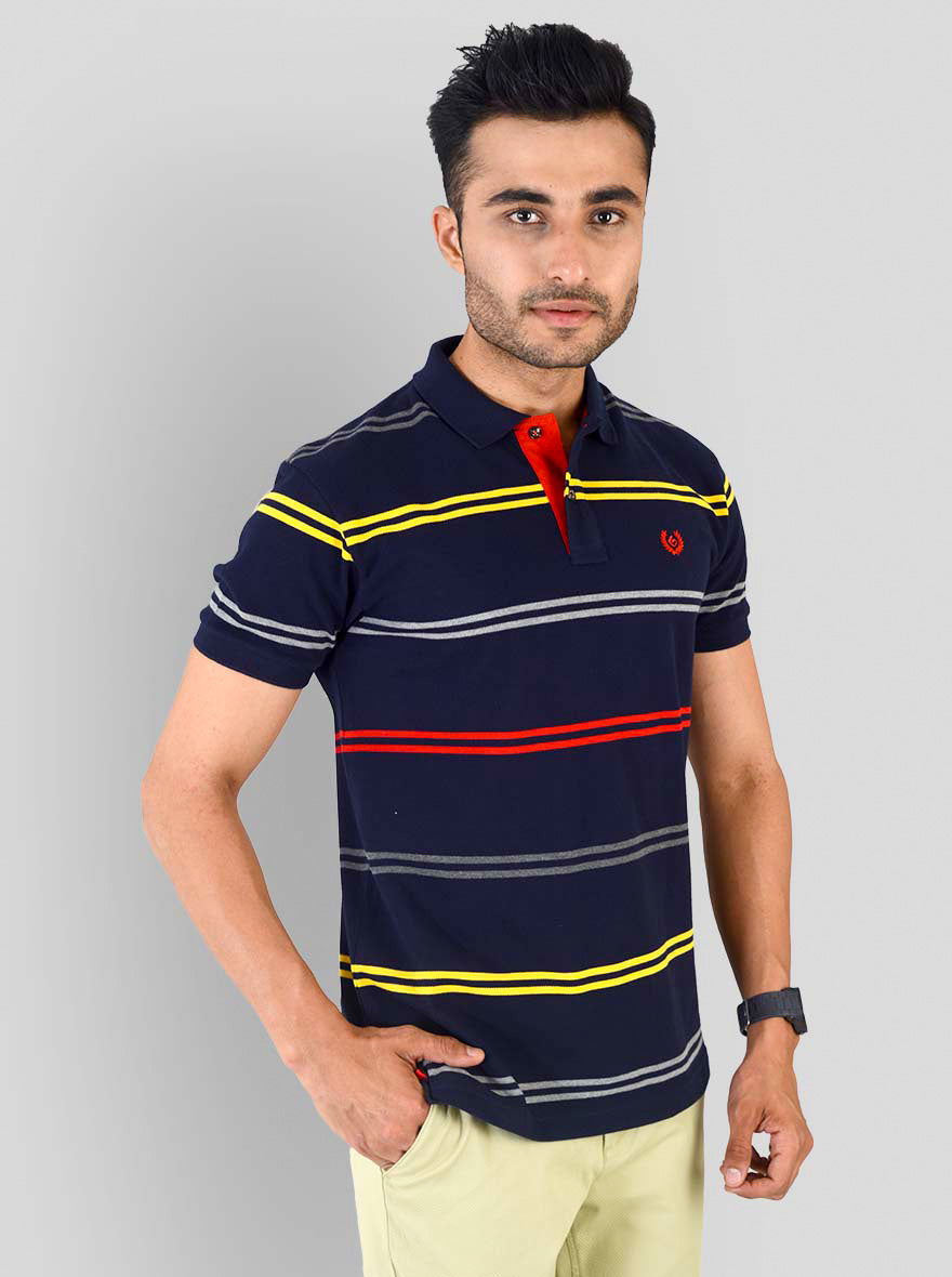 Dark Blue & Multi color Striped Slim Fit Polo T-shirt | Greenfibre