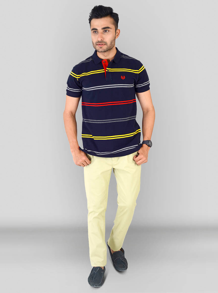 Dark Blue & Multi color Striped Slim Fit Polo T-shirt | Greenfibre