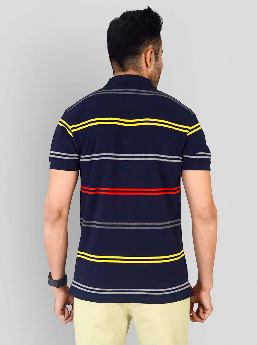 Dark Blue & Multi color Striped Slim Fit Polo T-shirt | Greenfibre