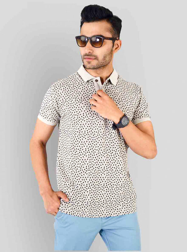 Light Camel Brown Melange Printed Slim Fit Polo T-shirt | Greenfibre