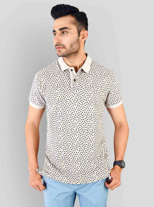 Light Camel Brown Melange Printed Slim Fit Polo T-shirt | Greenfibre