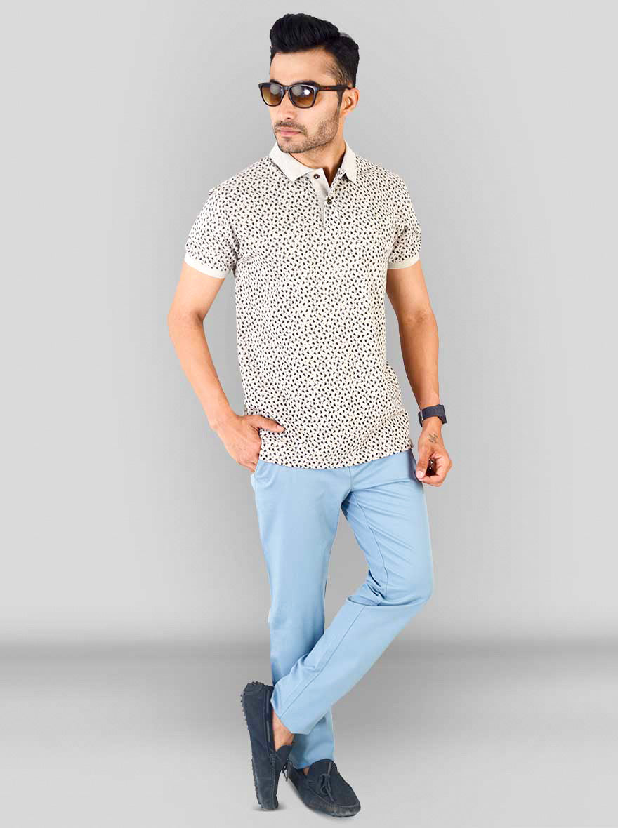 Light Camel Brown Melange Printed Slim Fit Polo T-shirt | Greenfibre
