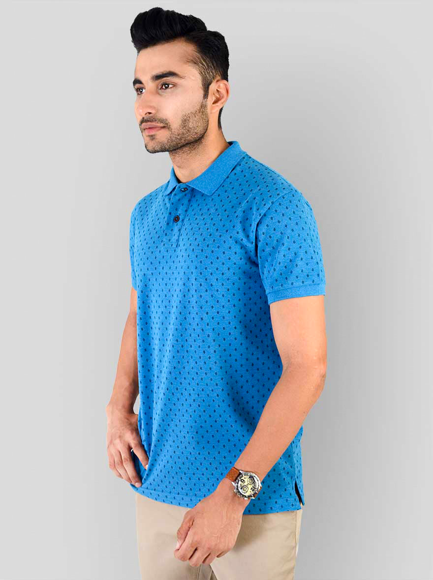 Bright Blue Melange Printed Slim Fit Polo T-shirt | Greenfibre