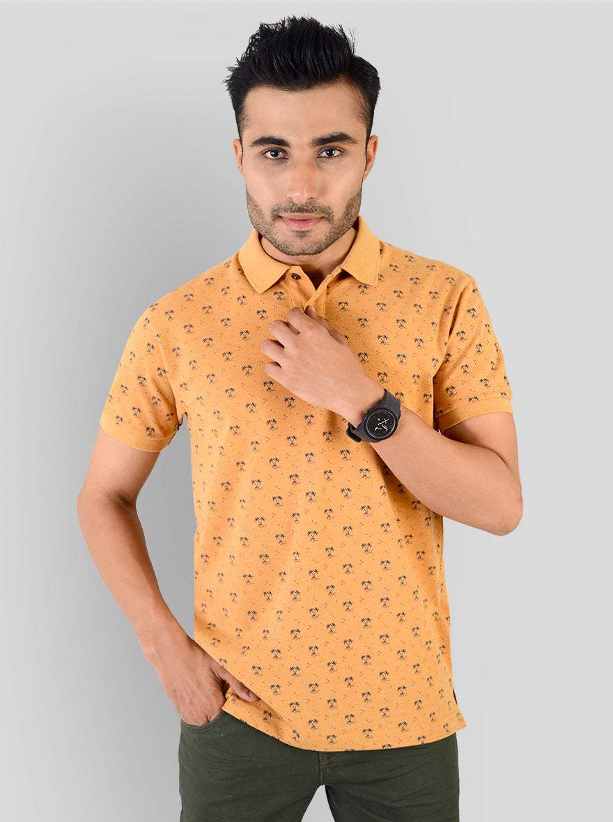 Orange Melange Printed Slim Fit Polo T-shirt | Greenfibre