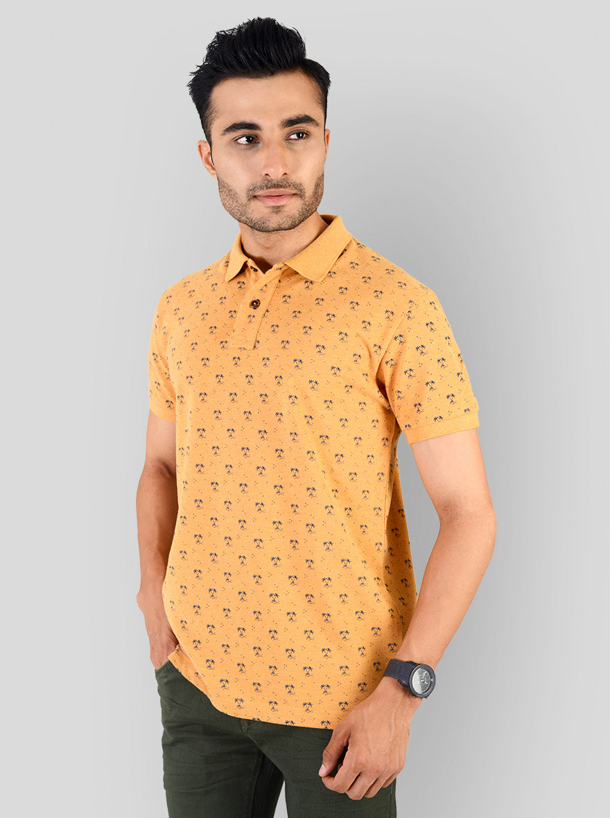 Orange Melange Printed Slim Fit Polo T-shirt | Greenfibre