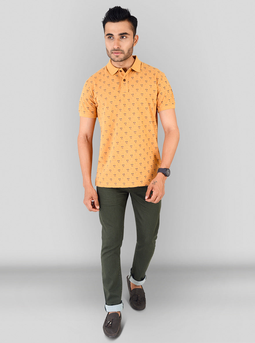 Orange Melange Printed Slim Fit Polo T-shirt | Greenfibre