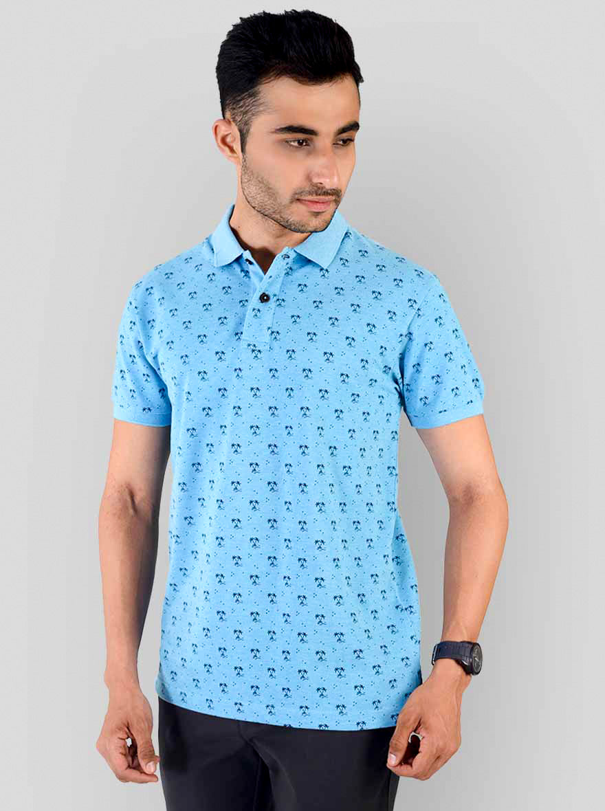 Light Blue Melange Printed Slim Fit Polo T-shirt | Greenfibre