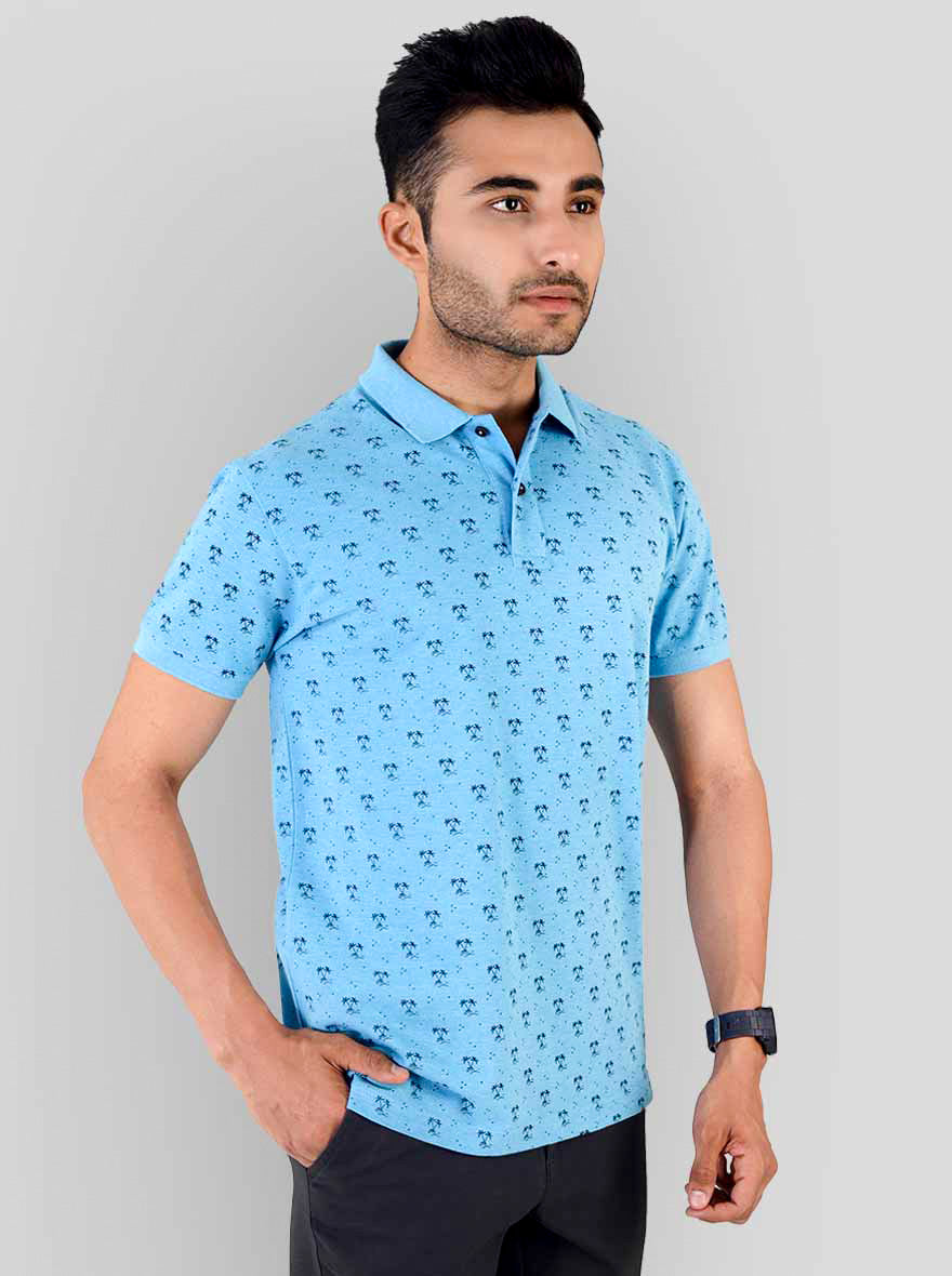 Light Blue Melange Printed Slim Fit Polo T-shirt | Greenfibre