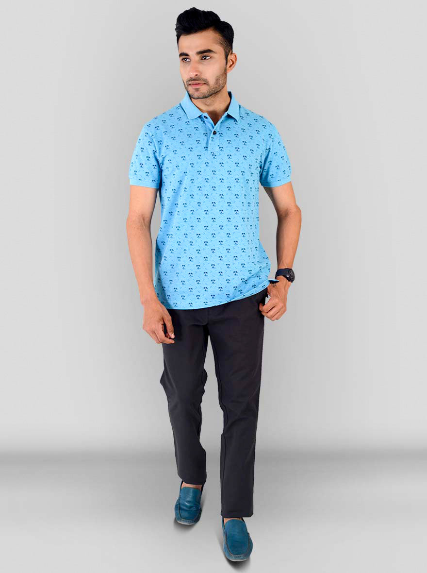 Light Blue Melange Printed Slim Fit Polo T-shirt | Greenfibre