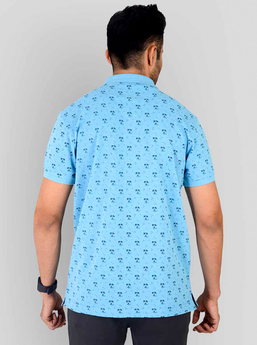 Light Blue Melange Printed Slim Fit Polo T-shirt | Greenfibre