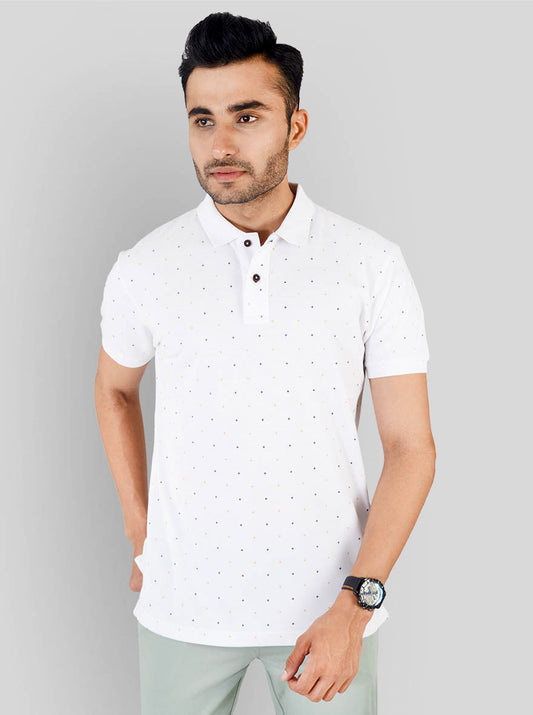 White Printed Slim Fit Polo T-shirt | Greenfibre