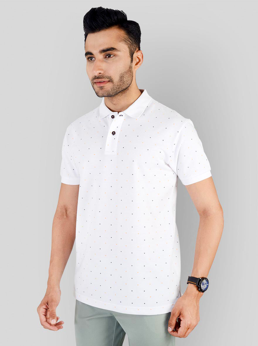 White Printed Slim Fit Polo T-shirt | Greenfibre