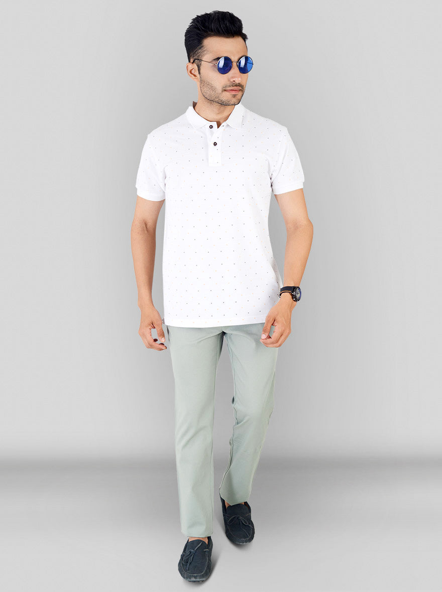 White Printed Slim Fit Polo T-shirt | Greenfibre