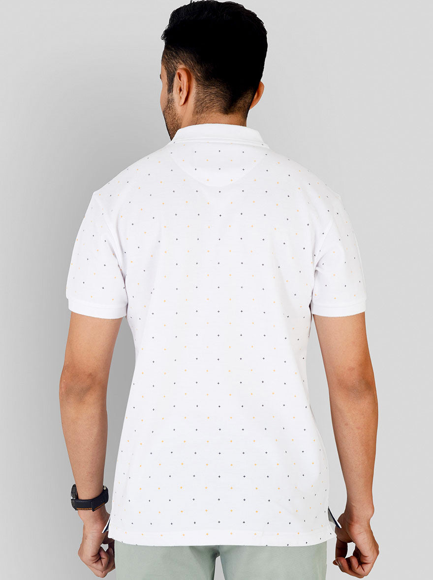 White Printed Slim Fit Polo T-shirt | Greenfibre