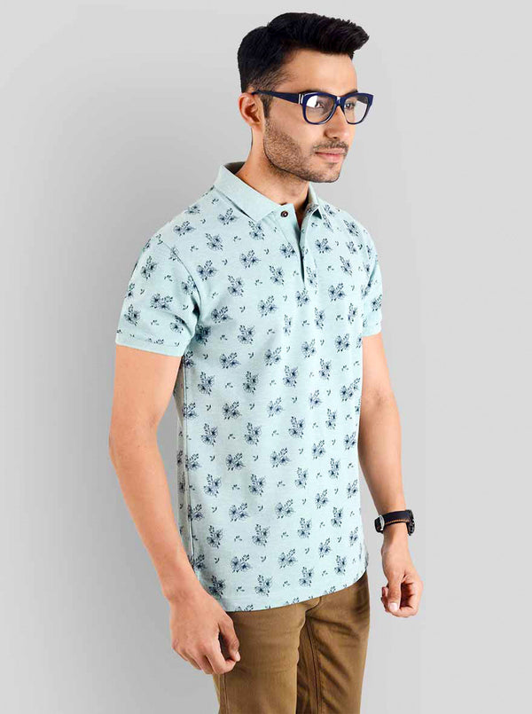 Light Pistachio Melange Printed Slim Fit Polo T-shirt | Greenfibre