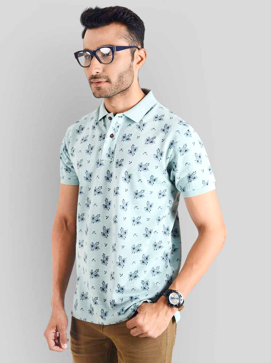 Light Pistachio Melange Printed Slim Fit Polo T-shirt | Greenfibre
