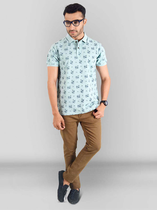 Light Pistachio Melange Printed Slim Fit Polo T-shirt | Greenfibre