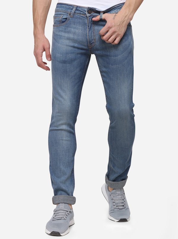 Light Blue Narrow Fit Solid Jeans | Greenfibre