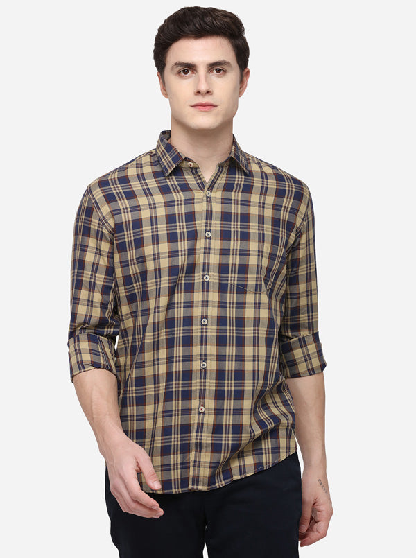 Beige & Blue Tailored Fit Checked Casual Shirt | JB Sport