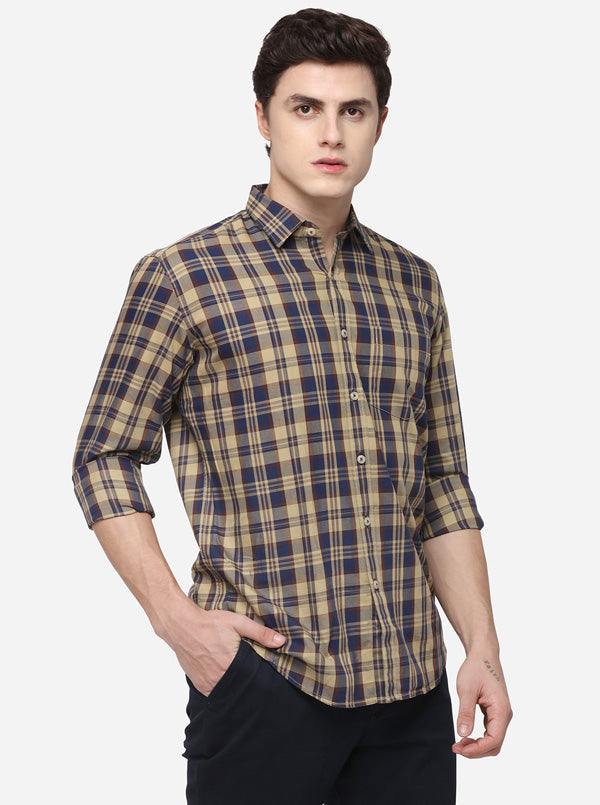 Beige & Blue Tailored Fit Checked Casual Shirt | JB Sport