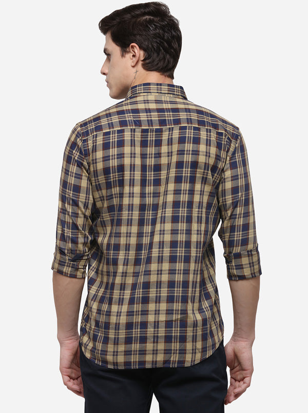 Beige & Blue Tailored Fit Checked Casual Shirt | JB Sport