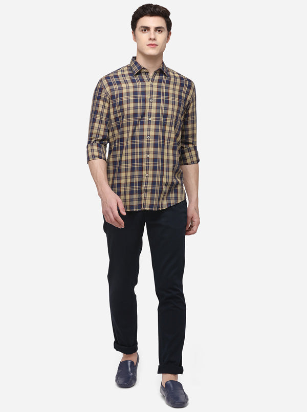 Beige & Blue Tailored Fit Checked Casual Shirt | JB Sport