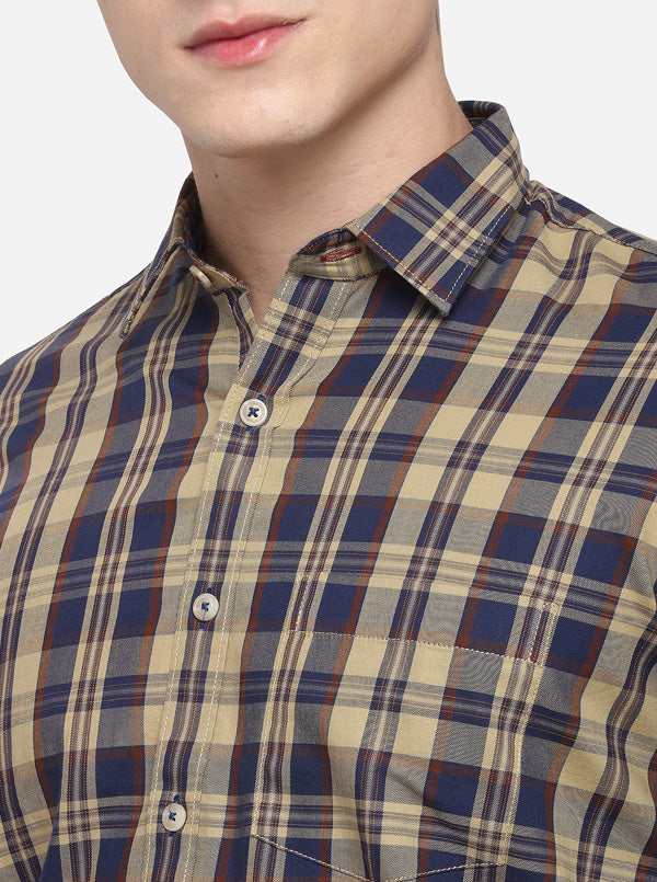 Beige & Blue Tailored Fit Checked Casual Shirt | JB Sport