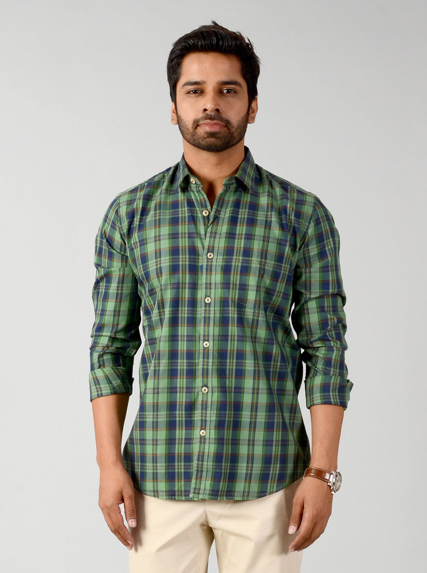 Peppermint Green & Blue Checked Slim Fit Casual Shirt | JB Sport