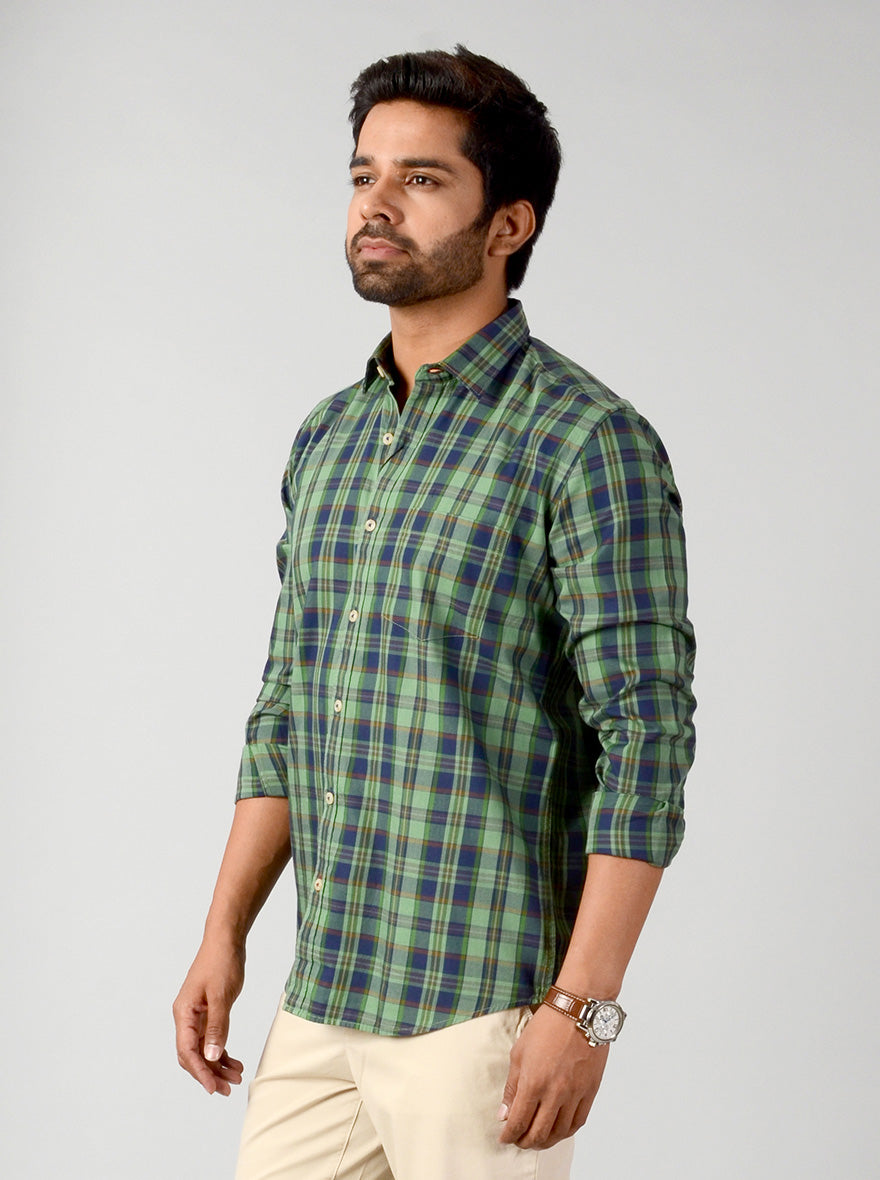 Peppermint Green & Blue Checked Slim Fit Casual Shirt | JB Sport