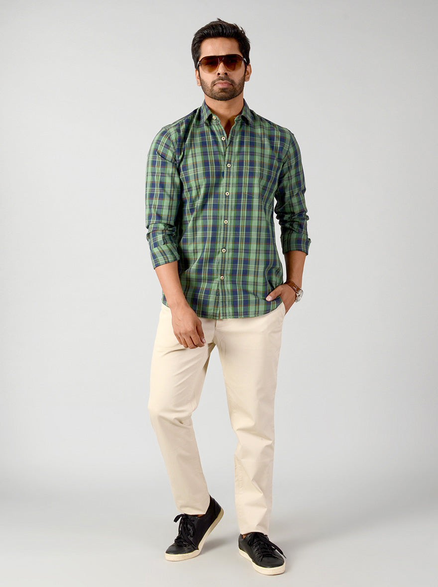 Peppermint Green & Blue Checked Slim Fit Casual Shirt | JB Sport