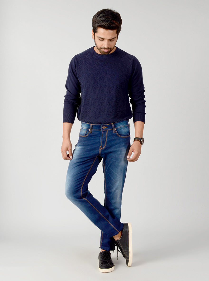 Dark Blue Washed Slim Fit Jeans | JB Sport