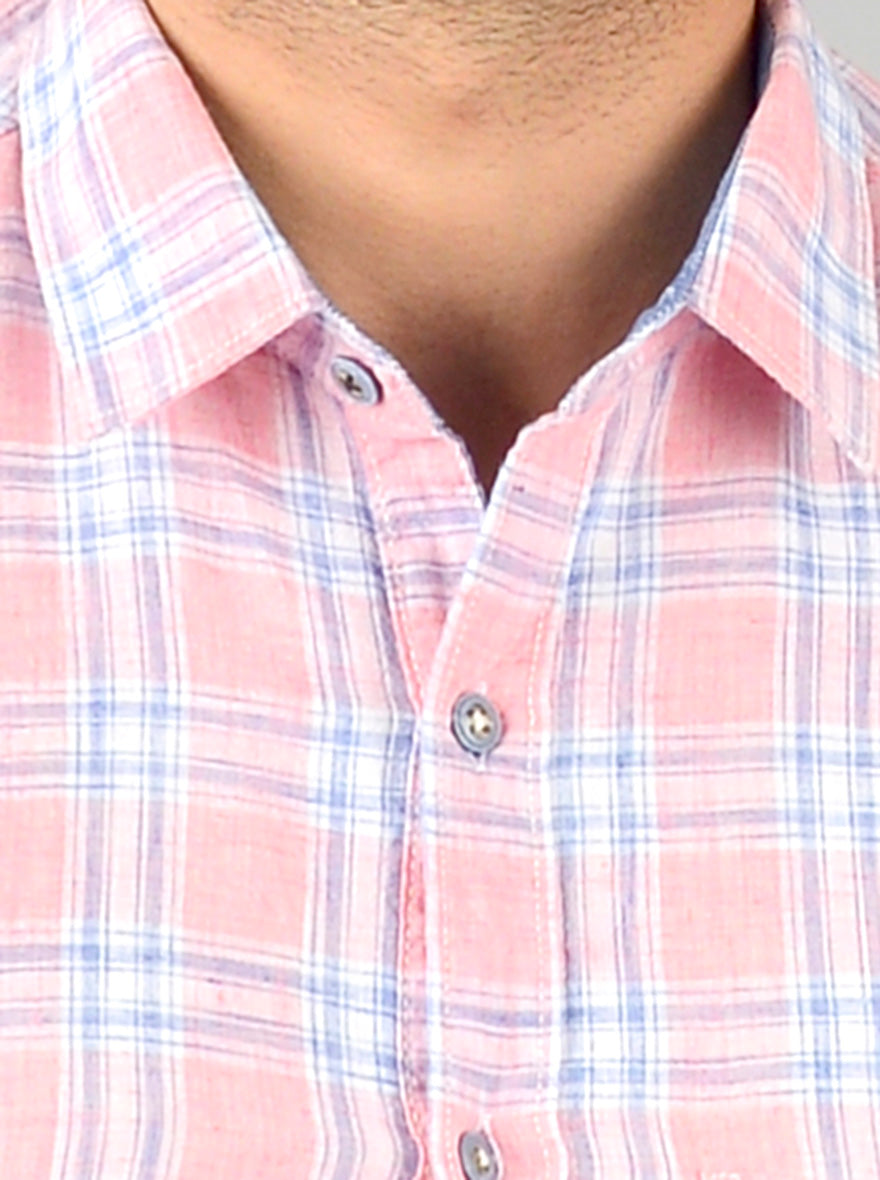 Sachet Pink Checked Slim Fit Casual Shirt | Greenfibre