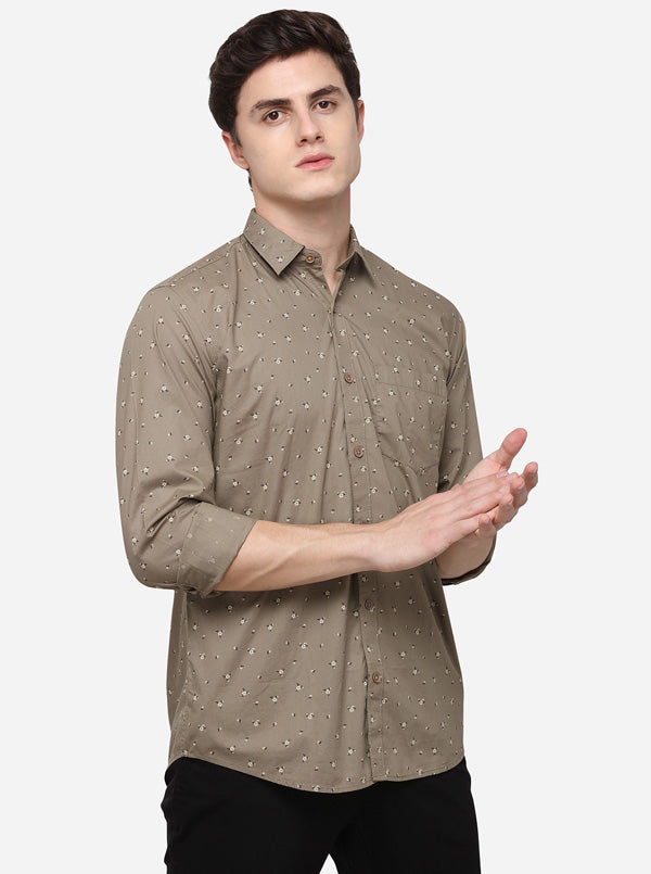 Olive Smart Fit Printed Casual Shirt | Greenfibre