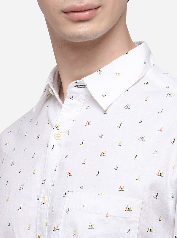 White Slim Fit Printed Casual Shirt | Greenfibre