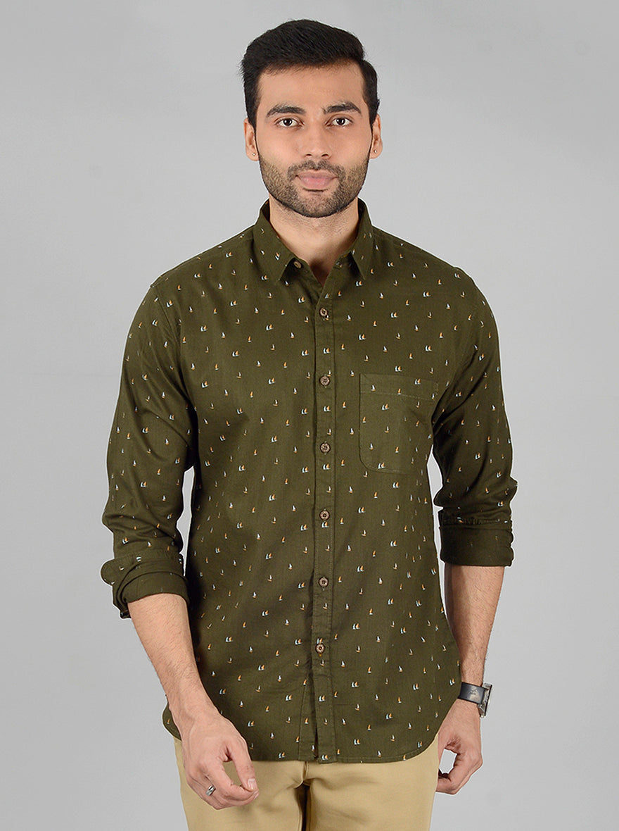 Olive Printed Slim Fit Casual Shirt | Greenfibre