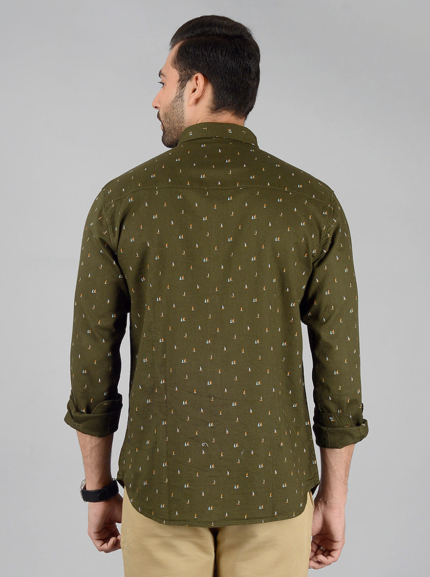 Olive Printed Slim Fit Casual Shirt | Greenfibre