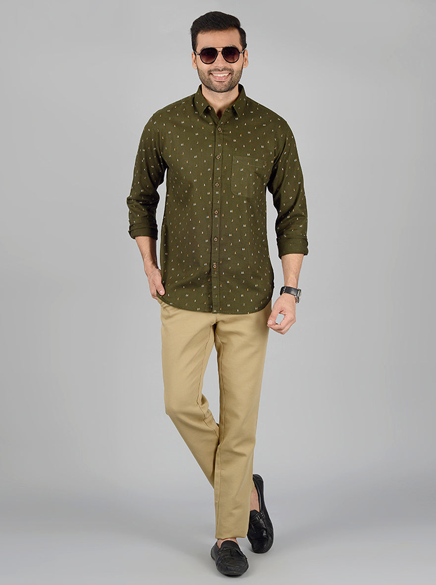Olive Printed Slim Fit Casual Shirt | Greenfibre