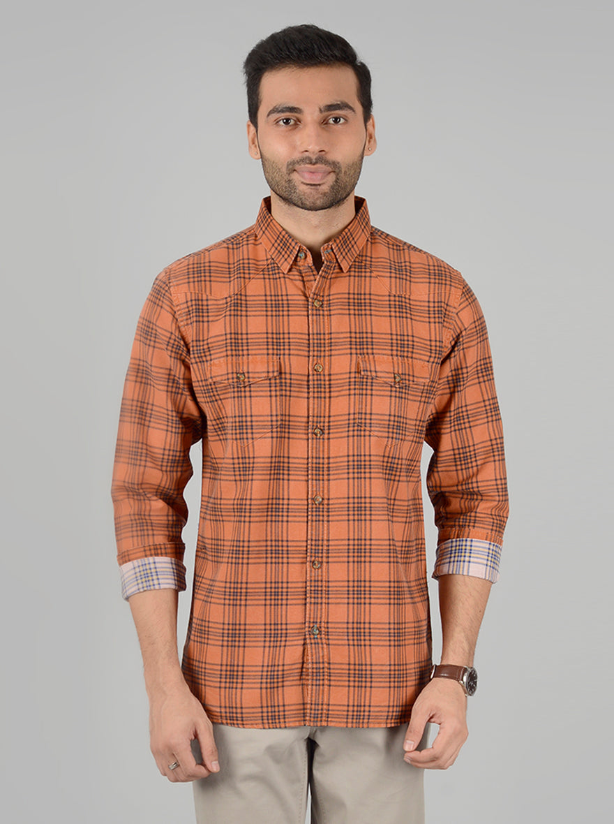 Orange Checked Slim Fit Casual Shirt | JB Sport