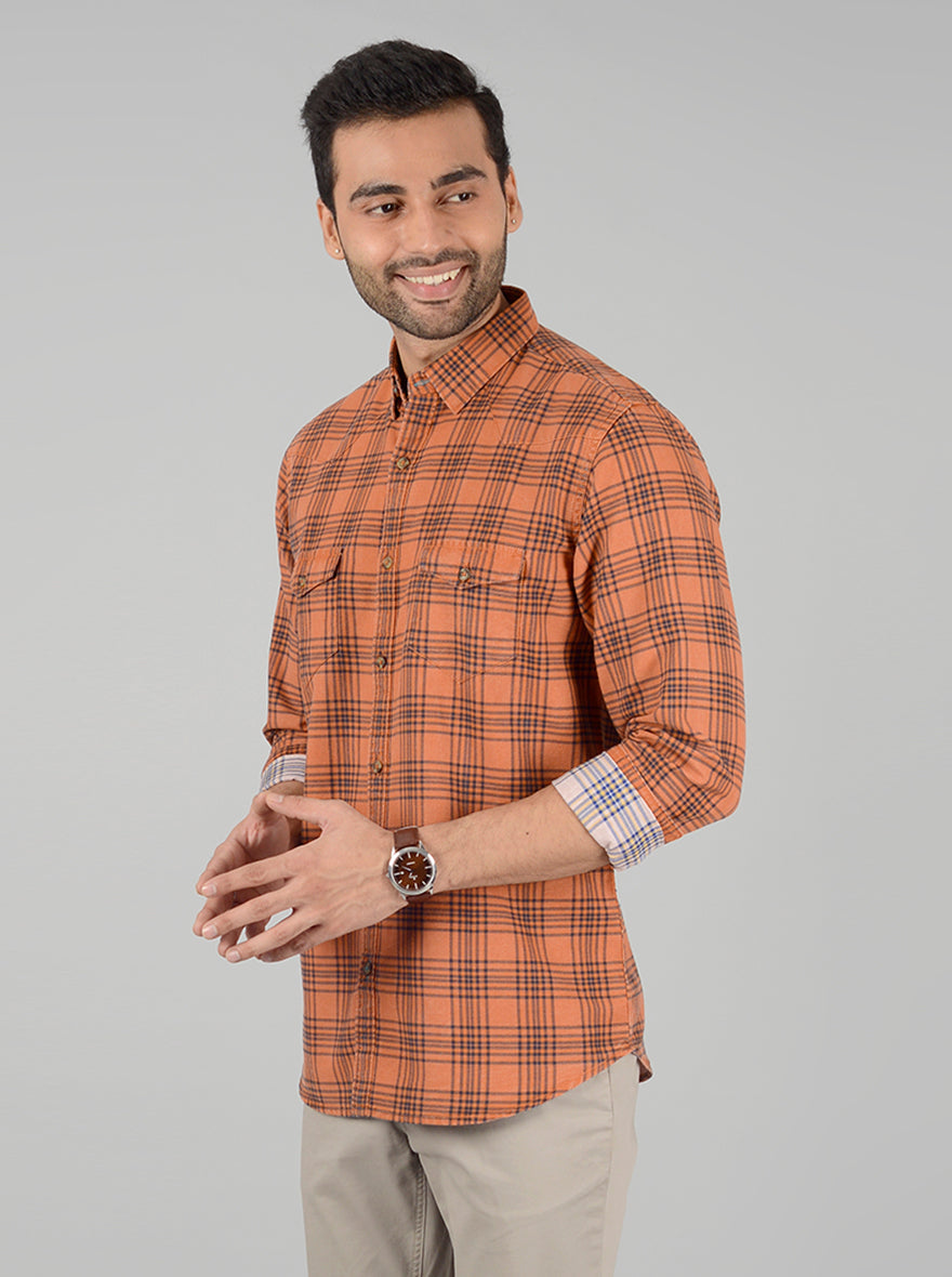 Orange Checked Slim Fit Casual Shirt | JB Sport