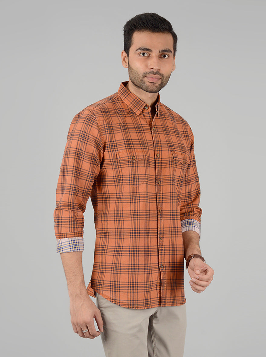 Orange Checked Slim Fit Casual Shirt | JB Sport
