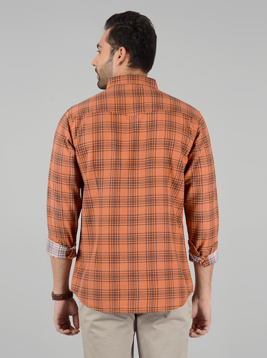 Orange Checked Slim Fit Casual Shirt | JB Sport