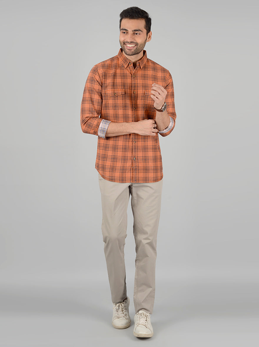 Orange Checked Slim Fit Casual Shirt | JB Sport