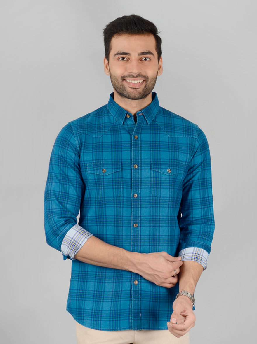 Sapphire Blue Checked Slim Fit Casual Shirt | JB Sport